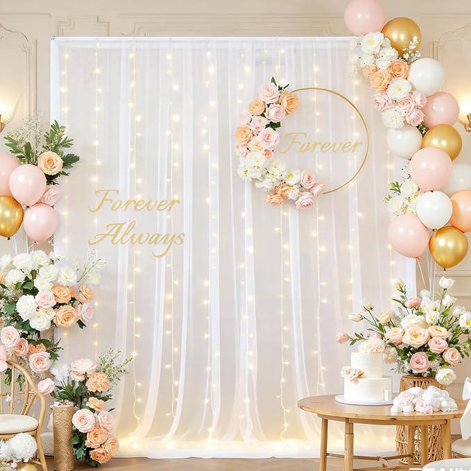 White Tulle Backdrop Curtain with Lights, Elegant Sheer Photo Backdrop Drapes, Soft Fabric Curtain for Weddings Brithday Parties Photography Background Decor, 10ftx8ft