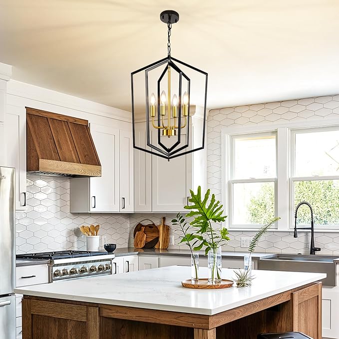 WJShome 18.1" Black and Gold Chandelier, 4-Light Farmhouse Dining Room Light Fixture, Modern Foyer Lighting Fixtures, Rustic Lantern Pendant Light, for Kitchen Island,Staircase,Entryway