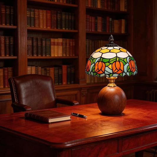 12.2" Tiffany Style Lamp, Handcrafted Stained Glass Table Lamp with Solid Wood Base, 3-Color Dimmable Bedside Lamp for Nightstand & Bedroom, Vintage Aesthetic Accent Light