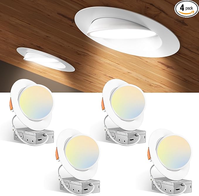 Amico 4 Pack 6 Inch 5CCT Gimbal LED Recessed Lighting, 360°&90° Adjustable Eyeball Directional Downlight, Dimmable, 2700K/3000K/3500K/4000K/5000K Selectable, CRI90+ 12W 1200LM, ETL&FCC