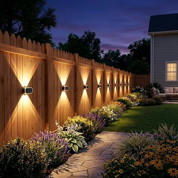 Ellasay Fence Lights Solar Powered: Outdoor LED Wall Lighting Dual Beam and 3 Color Modes IP65 Waterproof 12H Long Lasting Easy Mount for Garden Patio Backyard 2 Pack