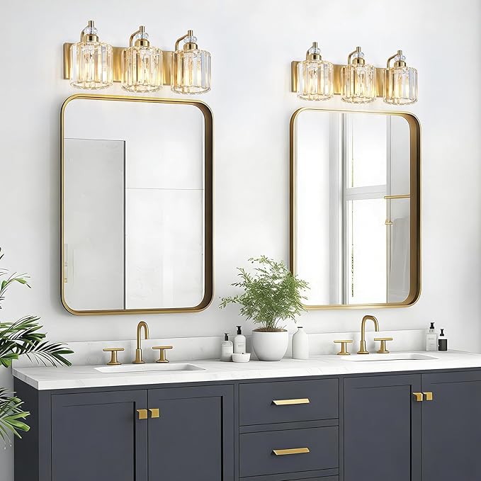 3-Light Modern Gold Bathroom Vanity Lights Brushed Brass Lighting Fixtures Over Mirror, Bathroom Vanity Lighting with Crystal Shade Wall Sconce E26 Base for Bedroom Livingroom Restroom Wall Lamp