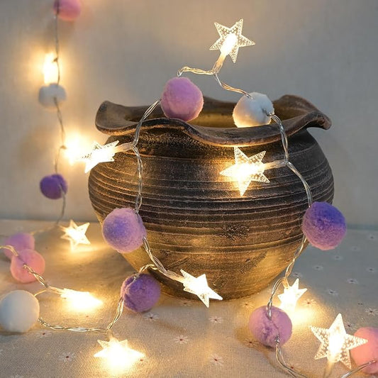 ChiRee Indoor String Lights 6.56 Feet Pom Poms Star Lights 20 LED Battery Operated String Fairy Lights Warm White Star Lights Colorful Decor Lights for Home Bedroom Kids Playhouse Holiday Christmas