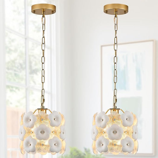 Modern Flower Small Pendant Lighting 2-Pack Gold Glass Pendant Light with White Ceramic Flowers 1-Light for Kitchen Island Sink Dining Room Entryway Hallway, E26