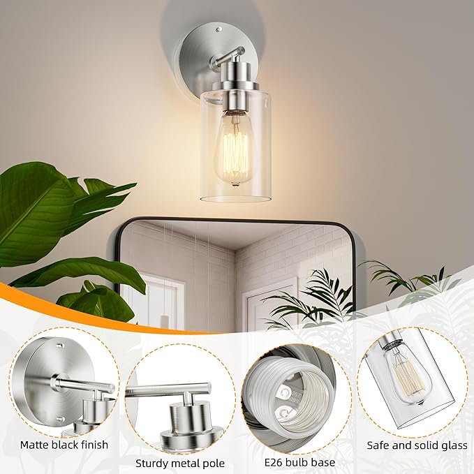 GORDNWE Set of 2 Bathroom Wall Sconce, Brushed Nickel Vanity Light, Modern Wall Light Fixture with Clear Glass Shade and E26 Bulb Base, Wall Lamp Wall Mount Light Fixtures for Mirror, Bedroom
