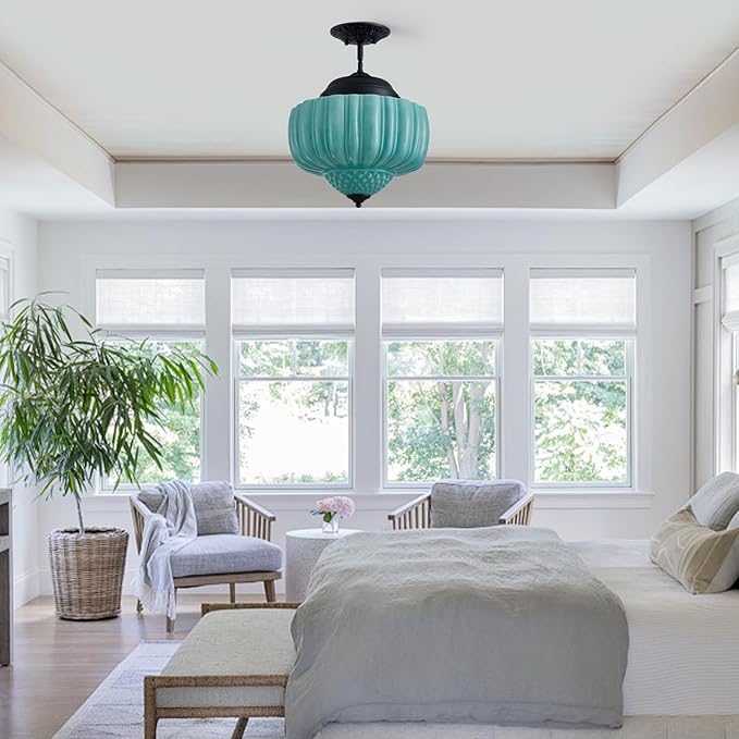 13.8" Milk Glass Ceiling Light Fixture 3 Lights Vintage Chandelier Schoolhouse Pendant Light with Mint Green Glass Shade, Mid Century Lighting Fixture for Kitchen Island Dining Room