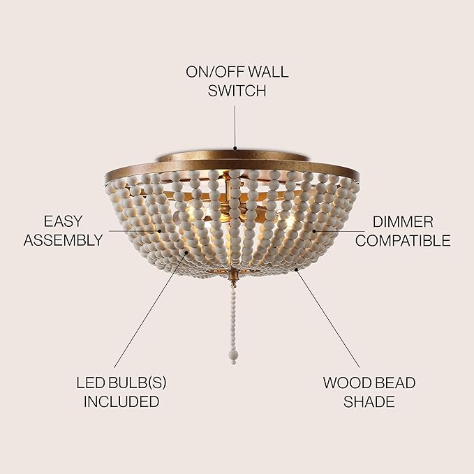JONATHAN Y 15" Antique Gold/Cream Allison 3-Light LED Flush Mount Ceiling Light for Bedroom, Wood Beaded Shade Shabby Chic Farmhouse Rustic Decor, LED Bulbs Included (JYL9019A)