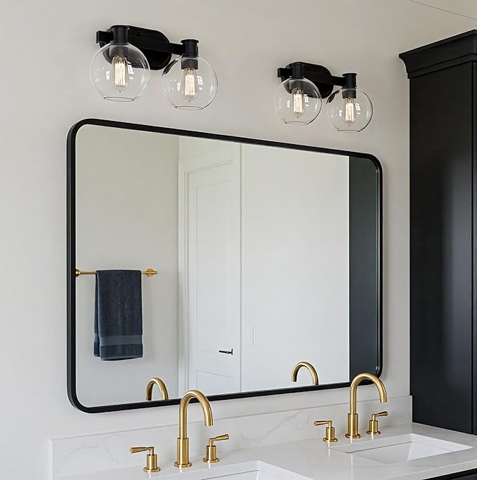 Tawson Dan Modern Farmhouse 2-Light Vanity Light Wall Sconce Lighting with Clear Glass Globe Shade in Light Black Finish for Bedroom, Hallway, Kitchen