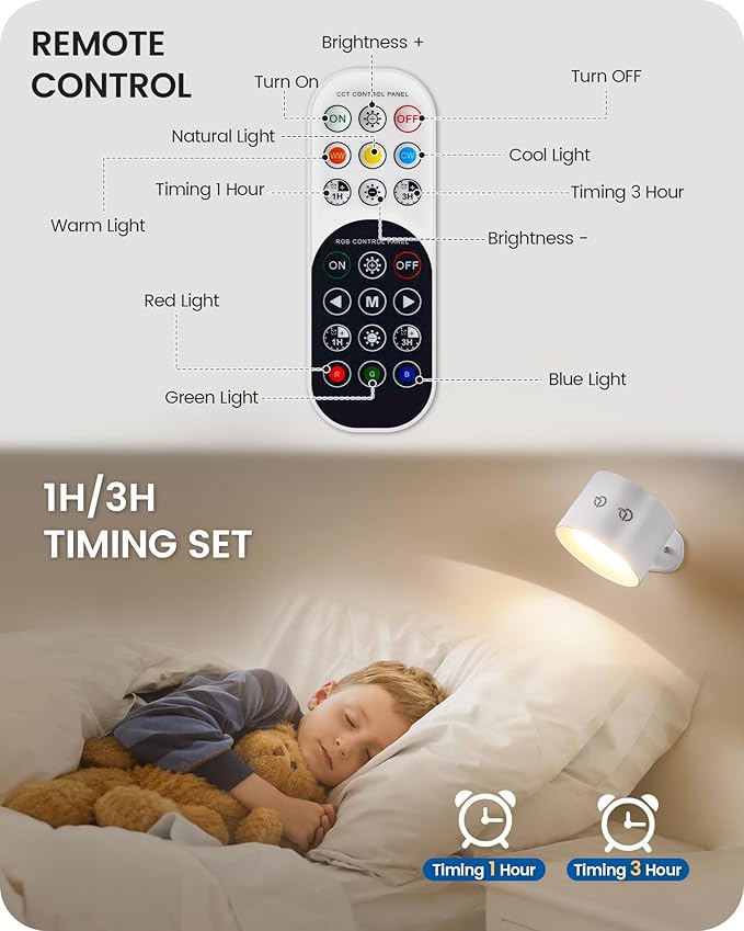 Battery Operated Wall Sconce Set of 2, Rechargeable Wall Sconce with Remote Control, 3 Color Temp 3 RGB Dimmable, Cordless Wall Mount Llight for Hallway Bedroom, White W02YBP206
