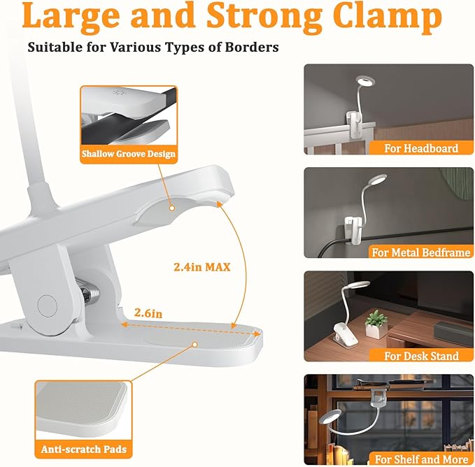 Clip on LED Reading Light, 25 Models USB Rechargeable Bed Lamp with Strong Clamp for Headboard, Eye Protection Portable Cordless Battery Lights for Bedframe Desk Table Home Office