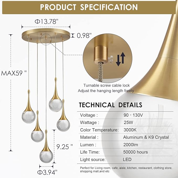 5 Lights Crystal Pendant Light, 25W Gold Dimmable LED Teardrop Cluster Pendant Lighting Fixture for Dining Room Kitchen Living Room Foyer Hallway Bedroom 3000k Warm White