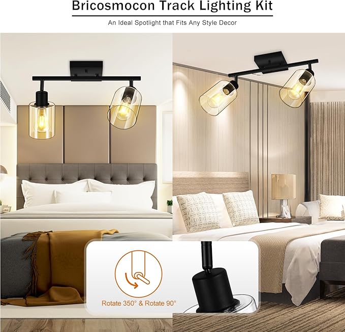 Track Lighting Fixtures Ceiling for Kitchen, Black 2-Light Wall Lights, Modern Led Track Lighting Ceiling with Glass Shade, Rotatable Head, Wall Mount Spotlight for Bathroom Vanity Hallway, E26 Base