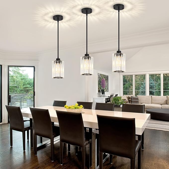3 Pack Black Pendant Lights Kitchen Island, Modern Crystal Kitchen Pendant Lighting Over Island, Adjustable Hanging Bathroom Light Fixtures Mini Pendant Light for Dining Room Hallway Entryway Foyer