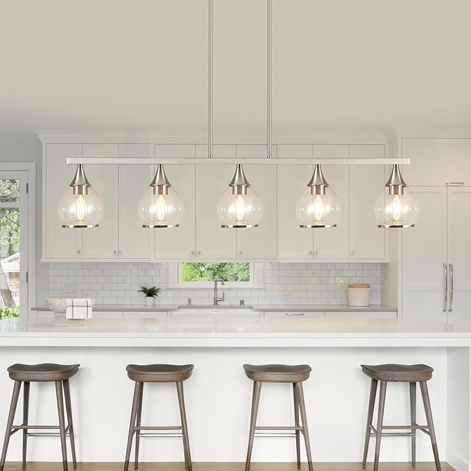 Island Light for Kitchen, 5-Light Brushed Nickel Kitchen Island Linear Hanging Pendant Chandeliers, Brushed Nickel Dining Room Light Fixture Over Table with Clear Round Glass Shades