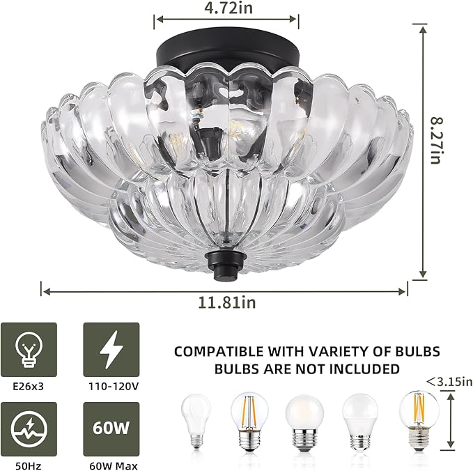 Semi Flush Mount Ceiling Light, 11.8 Inch Black Vintage Hallway Light Fixture with Transparent Glass, Close to Ceiling Light for Bedroom Kitchen Living Room Bathroom Foyer, E26 Base