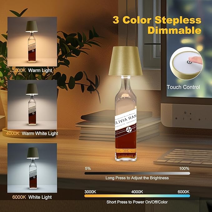 2026 New Wireless Bottle Lamp,LED Bottle Lights for Liquor & Wine Bottles,Bottle Light with Dimmable(Gold,2pcs)