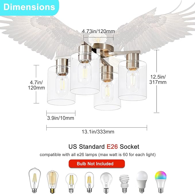 YYT Kitchen Lighting Fixtures Ceiling, Semi Flush Mount Ceiling Light, Brushed Nickel Cieling Lights Fixture, 4 Light Kitchen Light fixtures with Glass Shade for Bedroom Dining Room
