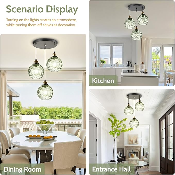 3-Light Pendant Lighting Green Hammered Glass Kitchen Light Fixtures Ceiling Hanging Kitchen Lights Over Island Mid Century Modern Globe Cluster Chandelier Black and Gold for Dining Room