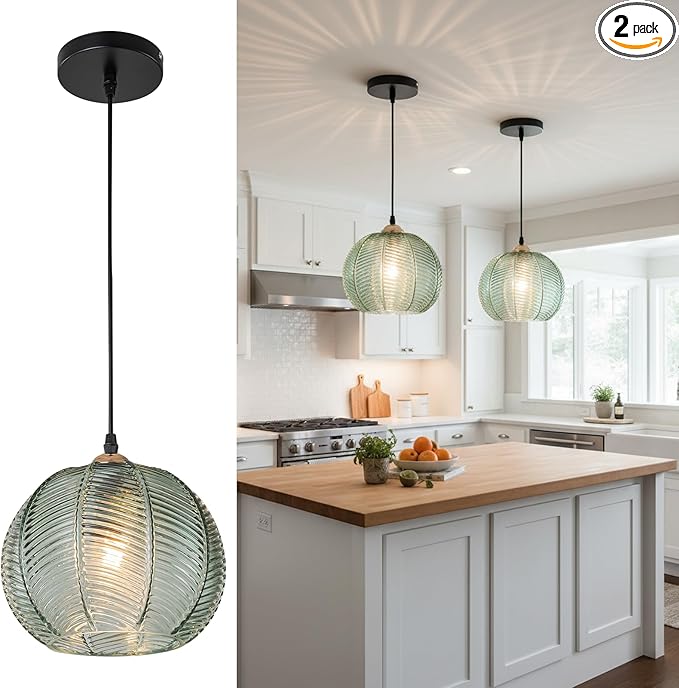 2 Pack Green Pendant Lights Kitchen Island, 8.6" Mid Century Modern Pendant Light Fixtures, Ribbed Glass Adjustable Farmhouse Hanging Lights for Dining Room Bedroom Hallway Entryway