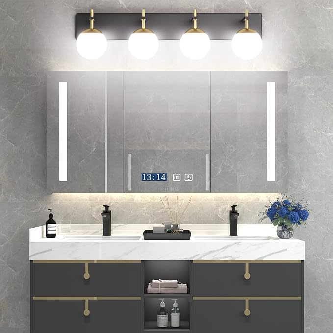 Ralbay Mid Century Modern Vanity Lights - 4-Light Milky Glass Globe Modern Bathroom Vanity Lights Over Mirror, Black/Golden Bathroom Wall Light Fixture