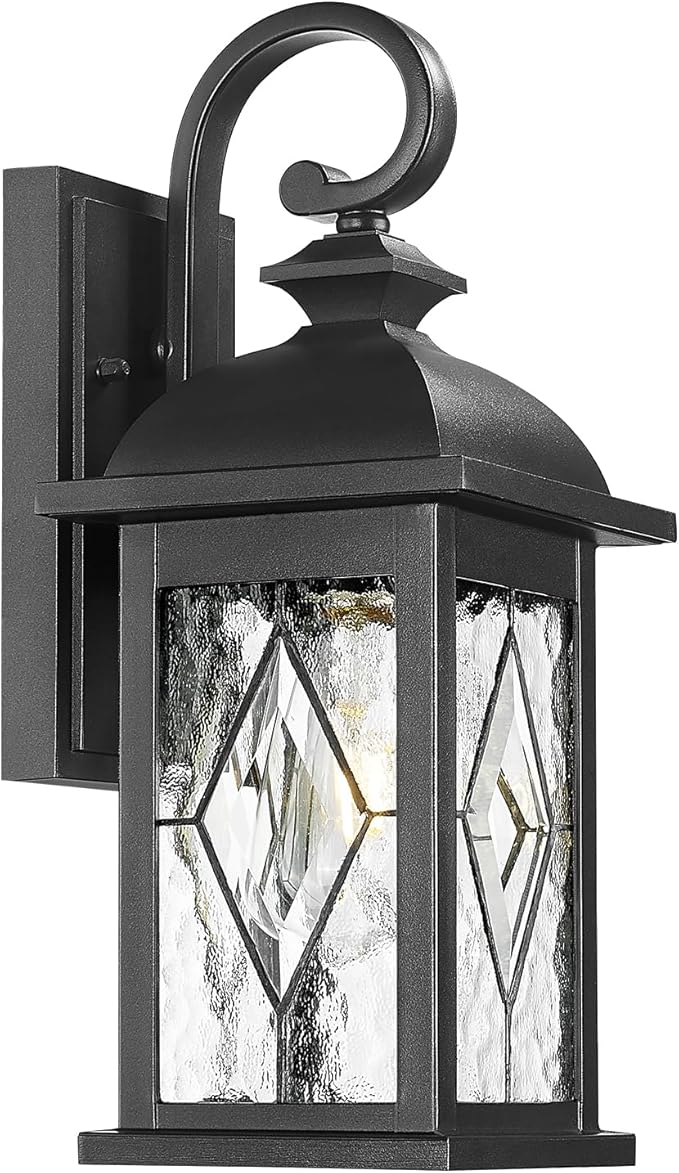 FEMILA Outdoor Wall Light Fixture,1-Light Exterior Waterproof Wall Sconce, Front Porch Lights, Matte Black Finish with Water Ripple Glass, UL Listed, 4FD54B BK-SD