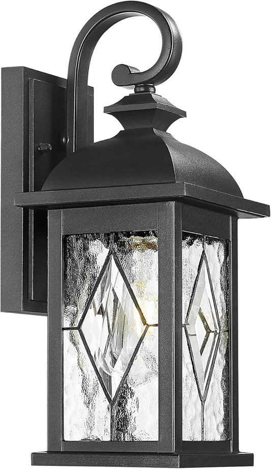 FEMILA Outdoor Wall Light Fixture,1-Light Exterior Waterproof Wall Sconce, Front Porch Lights, Matte Black Finish with Water Ripple Glass, UL Listed, 4FD54B BK-SD