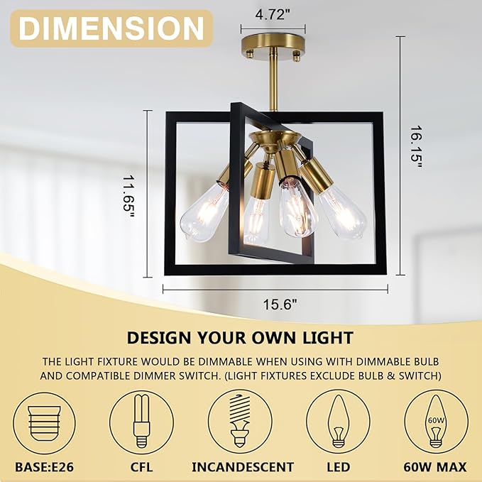 Farmhouse Industrial Ceiling Light Fixtures, 4-Light Vintage Modern Rectangle Black Gold Flush Mount Light Fixture with Rotatable Metal Square Frame for Kitchen Hallway Entryway Foyer Living Bedroom