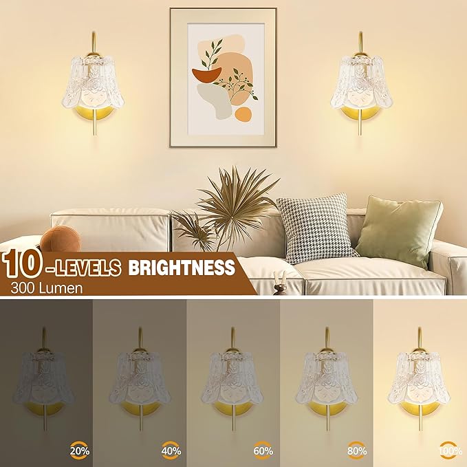 Wireless Wall Sconce with Flower lampshade, Battery Operated Wall Lights,Wall lamp with 15 Colors for Bedroom Living Room Home Decor (Clear Flower, 2 Light Battery Operated)
