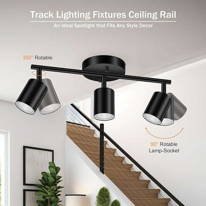 LED Track Lighting Fixtures Ceiling, Black 3-Light Track Lights for Kitchen, 3 Way Ceiling Spotlight, Flexibly Rotatable Wall Mount Light Head for Bedroom Hallway, Bulb Not Included