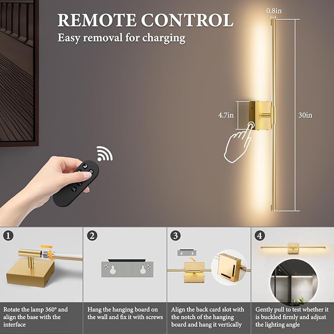 SAIMAND Wall Sconces Set of Two Battery Operated, Wireless USB Rechargeable Wall Lights with Remote, 8000mAh Dimmable LED 3 Color Dimmable Living Room for Bedroom,Hallway,Picture Lamp(30in Gold)
