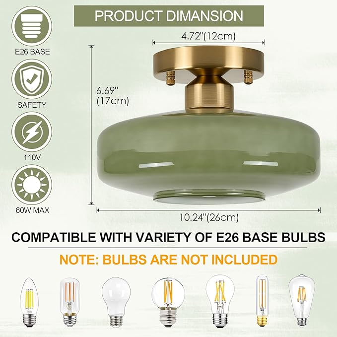 Modern Ceiling Light,10.24 inch,Olive Green Milk Glass Shade, Semi Flush Mount Light Fixture for Hallway, Entryway, Laundry Room