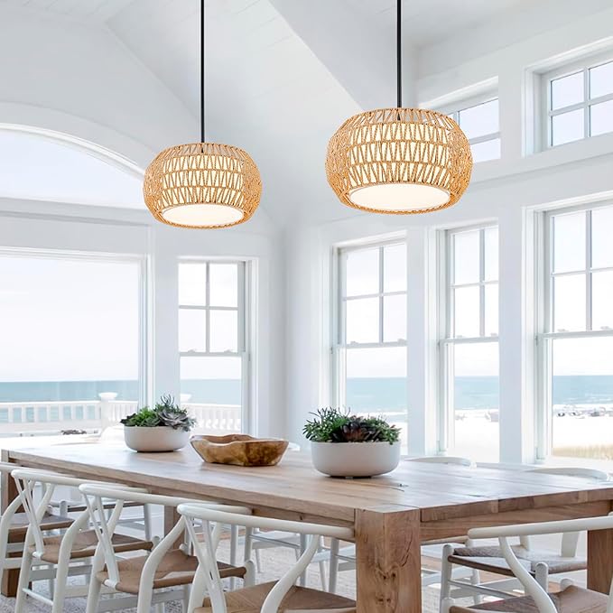 4-Light Farmhouse Rattan Chandelier,15.7'' Boho Hand Woven Drum Pendant Light Fixtures with Fabric Shade,Coastal Rattan Hanging Ceiling Lights for Kitchen Island,Dining Room,Living Room,Entryway,Foyer