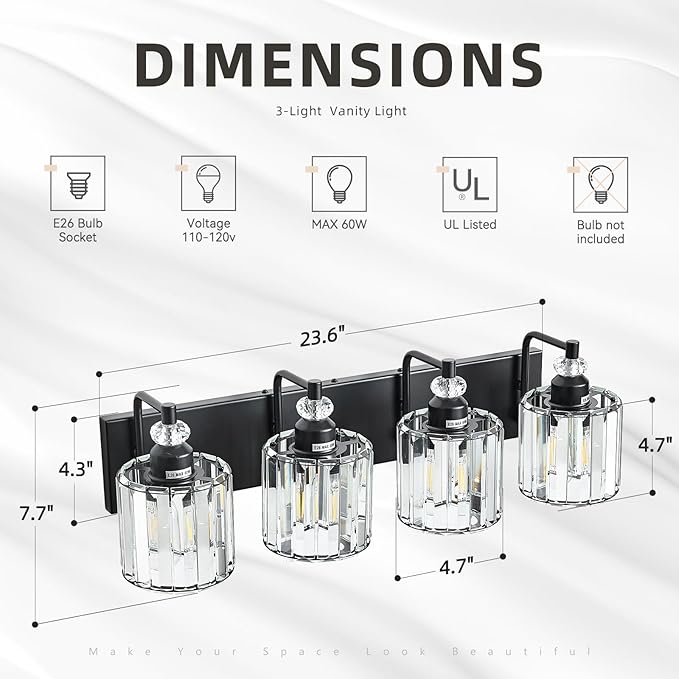 4-Light Black Bathroom Light Fixtures Over Mirror Modern Vanity Lights Crystal Wall Sconce Vintage Bathroom Lighting with Crystal Shade E26 Base for Bedroom, Living Room, Hallway