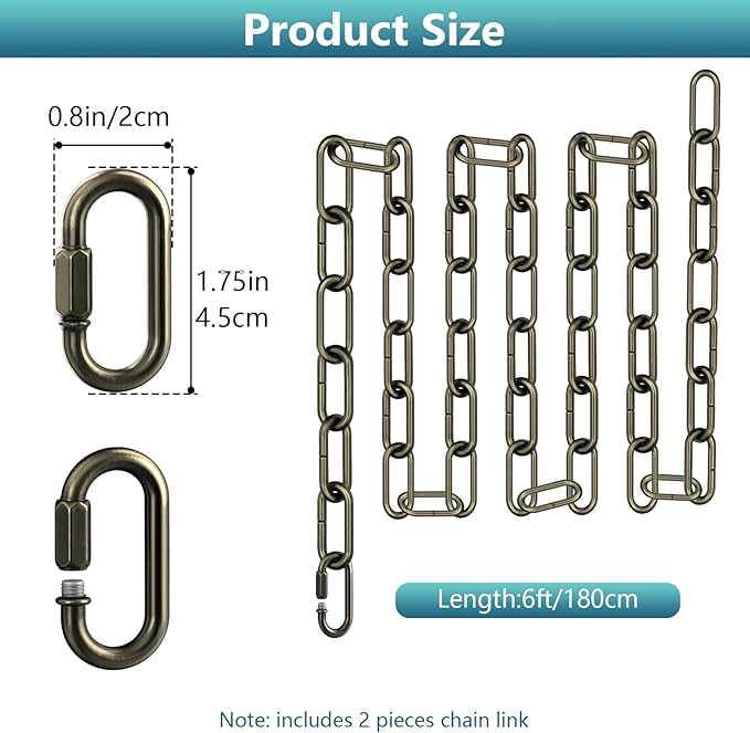 garini 6 Feet Industrial Bronze Light Fixture Chain, Adjustable Metal Pendant Chandelier Chain Extension with Detachable Link, Maximum Load is 66 Pounds, 2 Pack
