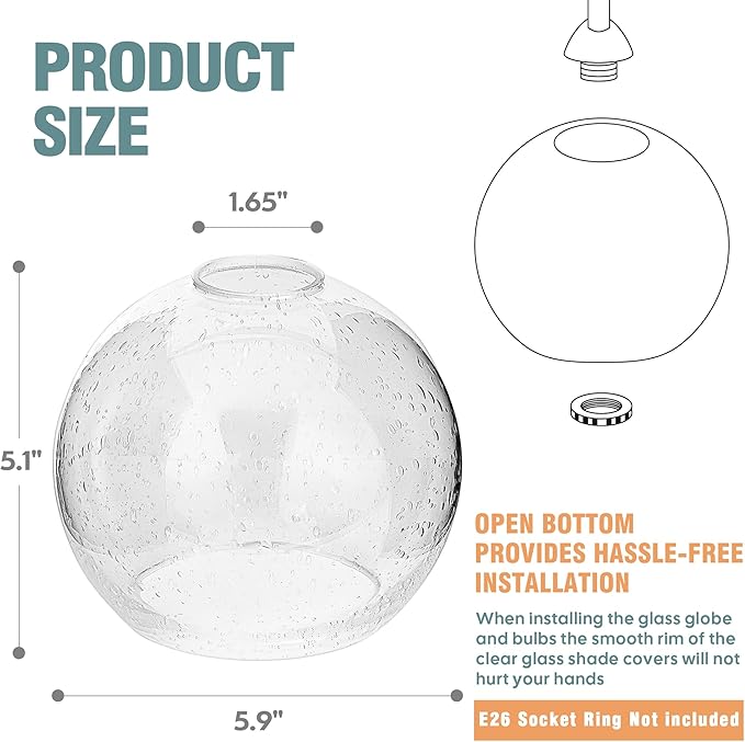 2 Pack Clear Seeded Glass Shades Globes, Glass Lamp Shade Covers Replacements for Light Fixtures, 1.65 Inch Fitter Transparent Lampshades for Chandelier Wall Sconces Vanity Lights Pendant Lights