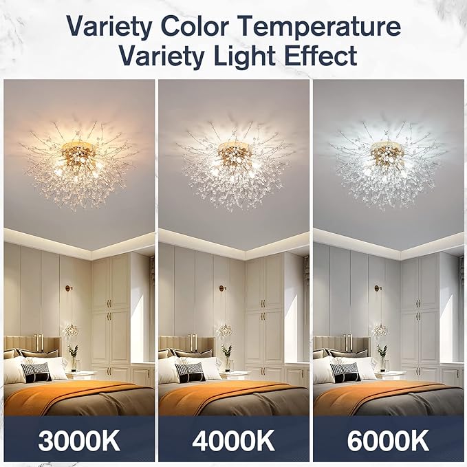 CM MZY 6-Light Sputnik Flush Mount Ceiling Light Fixture, Modern Gold Crystal Firework Ceiling Lights, Close to Ceiling Lamp for Bedroom Kitchen Hallway Entryway Bathroom