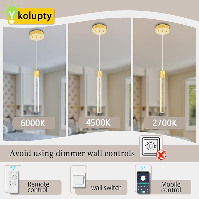 ykolupty Mini Chandelier Modern LED Gold Pendant Lights for Kitchen Island Small Crystal Hanging Light Dimmable 2700k-6000k