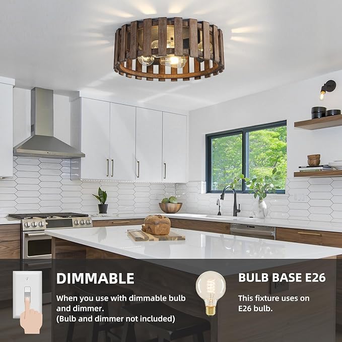 Farmhouse Flush Mount Ceiling Light, 17 Inch 4-Light Metal and Wood Close to Ceiling Light Fixture, Rustic Ceiling Light for Kitchen, Dining Room, Living Room, Hallway, Entryway