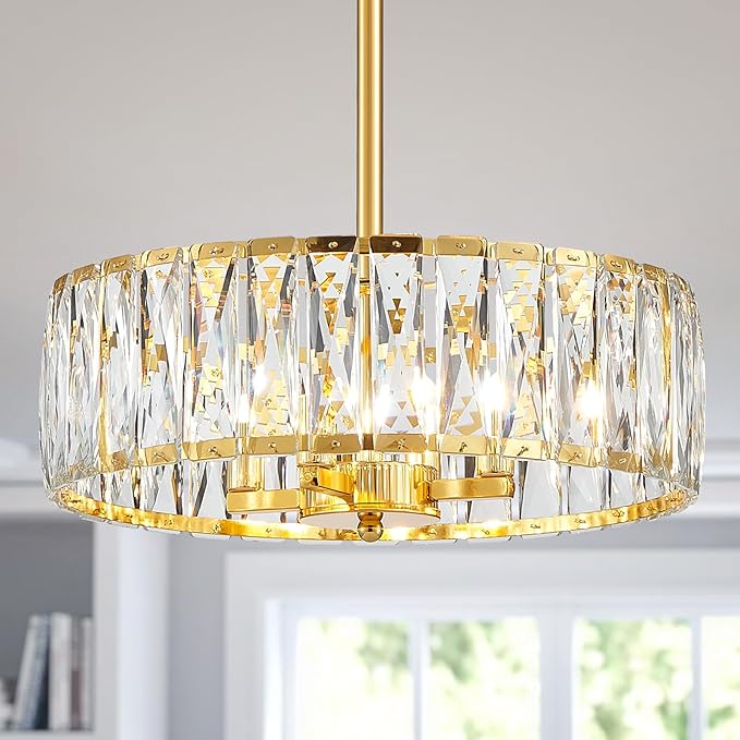 K9 Crystal Chandeliers, 4-Light Modern Pendant Light Fixture for Living Room, Dinning Room, D15 × H9~47inch(Adjustable Height), Gold Finish Frame & K9 Crystal