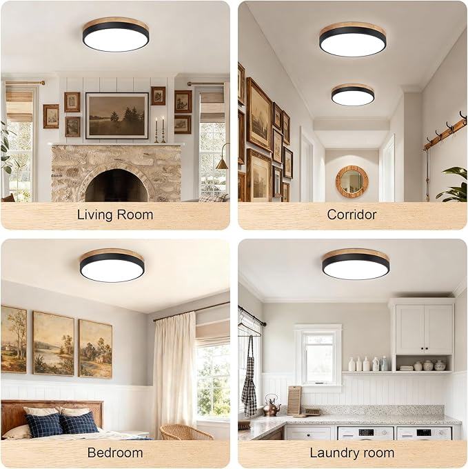 11.8 inch Wood Led Flush Mount Ceiling Light, Dimmable, 5CCT 3000K-6000K Selectable, 36W, 3600LM, Round Modern White Light Fixture Ceiling Mount for Bedroom, Laundry Room,Kitchen, Hallway, Black