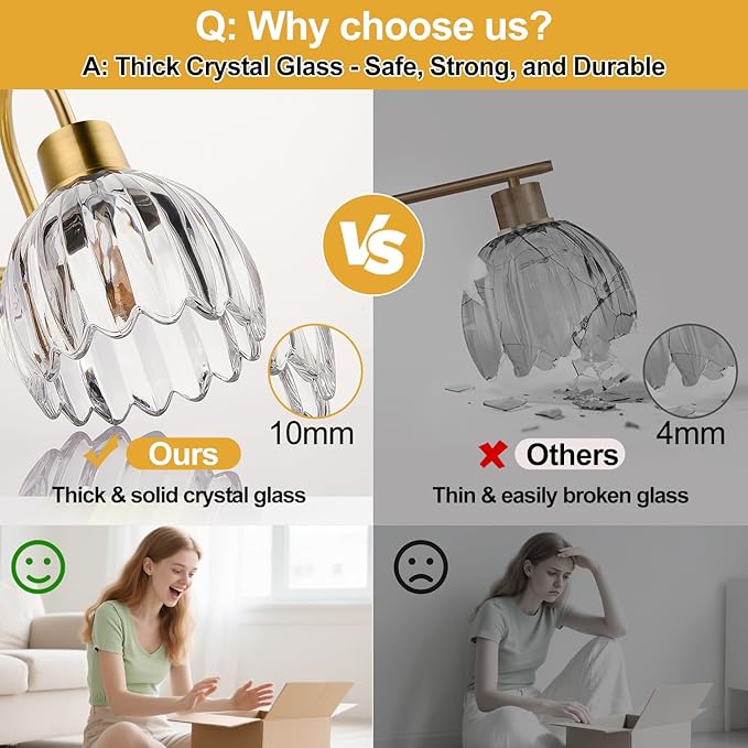Bathroom Vanity Light (2-Light, 15 in), Brushed Gold Vanity Lights for Bathroom with Ribbed Clear Tulip Glass Shade, Vintage Vanity Wall Lights for Mirror Bedroom Living Room Hallway