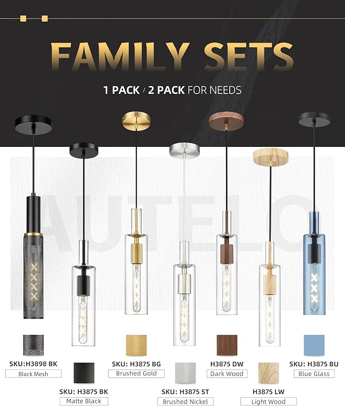 AUTELO 2 Pack Pendant Light Fixtures, Brushed Gold Pendant Lights Kitchen Island, Vintage Cylinder Glass Pendant Lights, Hanging Light for Kitchen Island, Dining Room, H3875 BGNR-2PK