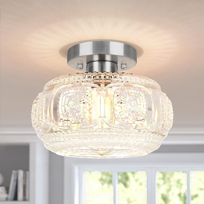Brushed Nickel Semi Flush Mount Ceiling Light, Glass Shade Modern Ceiling Light Fixture, Lighting for Hallway Bedroom Entryway Kitchen Porch