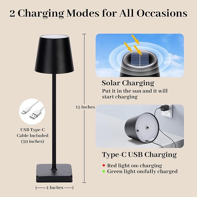 Livinlarge Cordless Table Lamps,Rechargeable Outdoor Solar LED Lamp,Portable USB Desk Lamp Waterproof,2000mAh Battery Operated,Touch Stepless Dimming Light for Bedroom,Restaurants,Patio,Camping