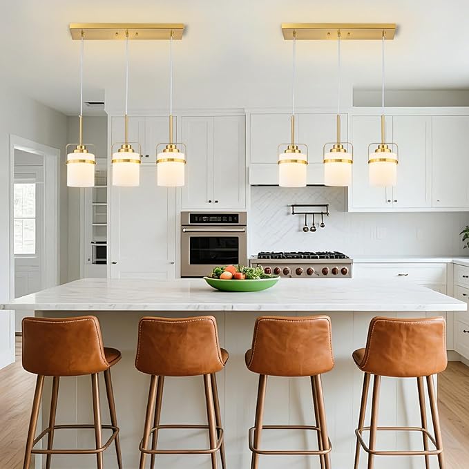 Brass 3-Light Pendant Lighting, Adjustable Hanging Light Fixture with Milk Glass Shade, Modern Pendant Light for Kitchen Island Dining Room Bar Over Sink/Table/Counter