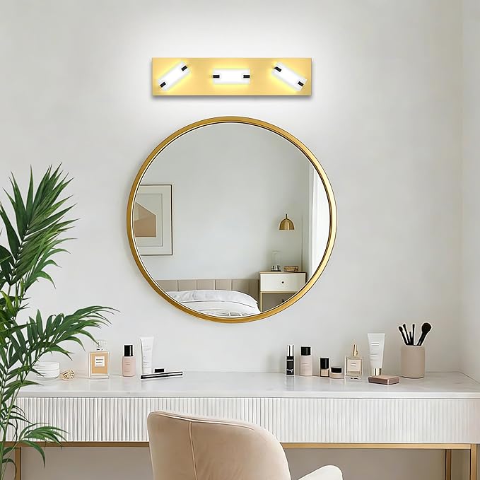 LED Bathroom Light Fixtures, 3-Light Modern Vanity Lights with Milky White Frosted Acrylic Shades, Gold Bathroom Lighting fixtures Over Mirror, ETL Listed, 20W (Cool White 5700K)
