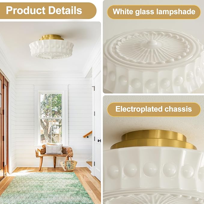 14inch Semi Flush Mount Ceiling Light Milk Glass Ceiling Light Fixture Mid Century Vintage Light Fixtures for Kitchen Hallway Restaurant Bedroom and Schoolhouse(White)