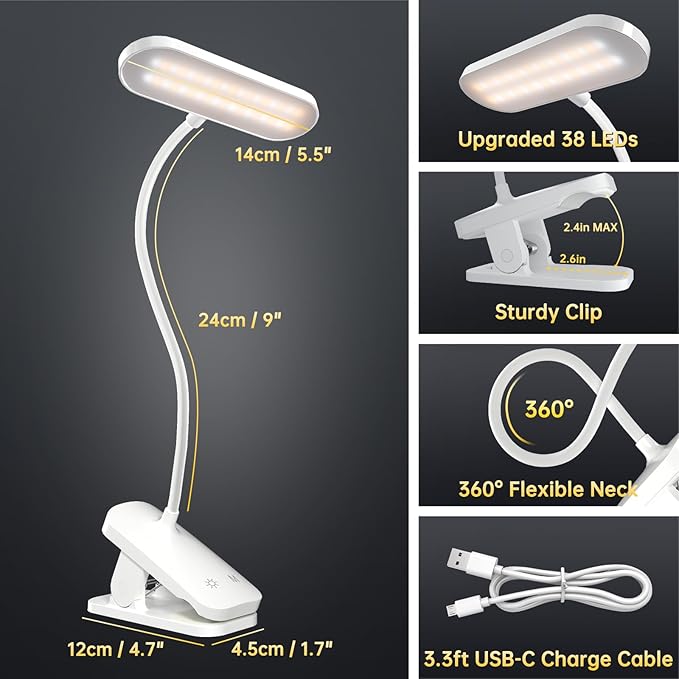 Desk Lamp Battery Operated, Clip on USB Rechargeable Reading Light for Headboard with Large Clamp, 25 Models Adjustable Cordless Touch Light for Bed Frame Bunk Dorm Table Bedside