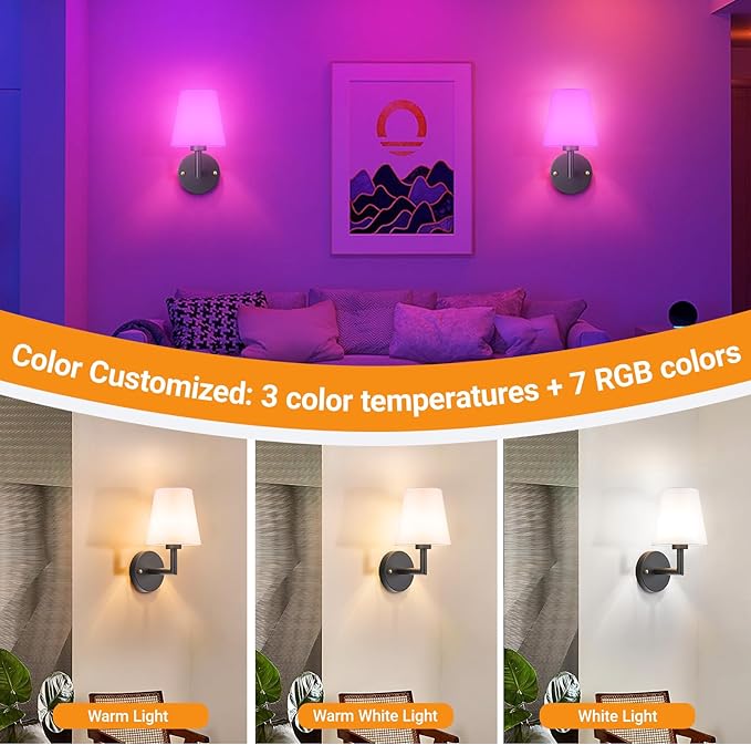 Nekhung Battery Operated Wall Sconces Set of 2, Wireless Wall Light with 10000mAh RGB Dimmable Magnetic Bulb, Rechargeable Wall Sconce with Remote Control for Bedroom Living Room
