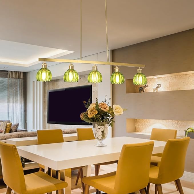5-Lights Modern Chandeliers for Dining Room, Gold Pendant Light Fixtures with Green Flower Shade, Entryway Chandelier Pendant Lighting for kitchen island, Linear Hanging Dining Room Light Fixture